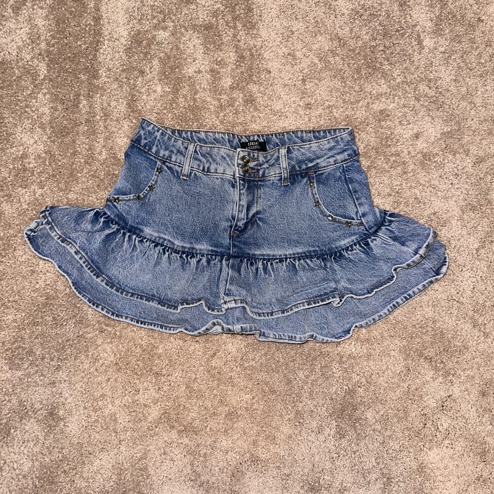 Social Collision Denim Ruffle Mini Skirt